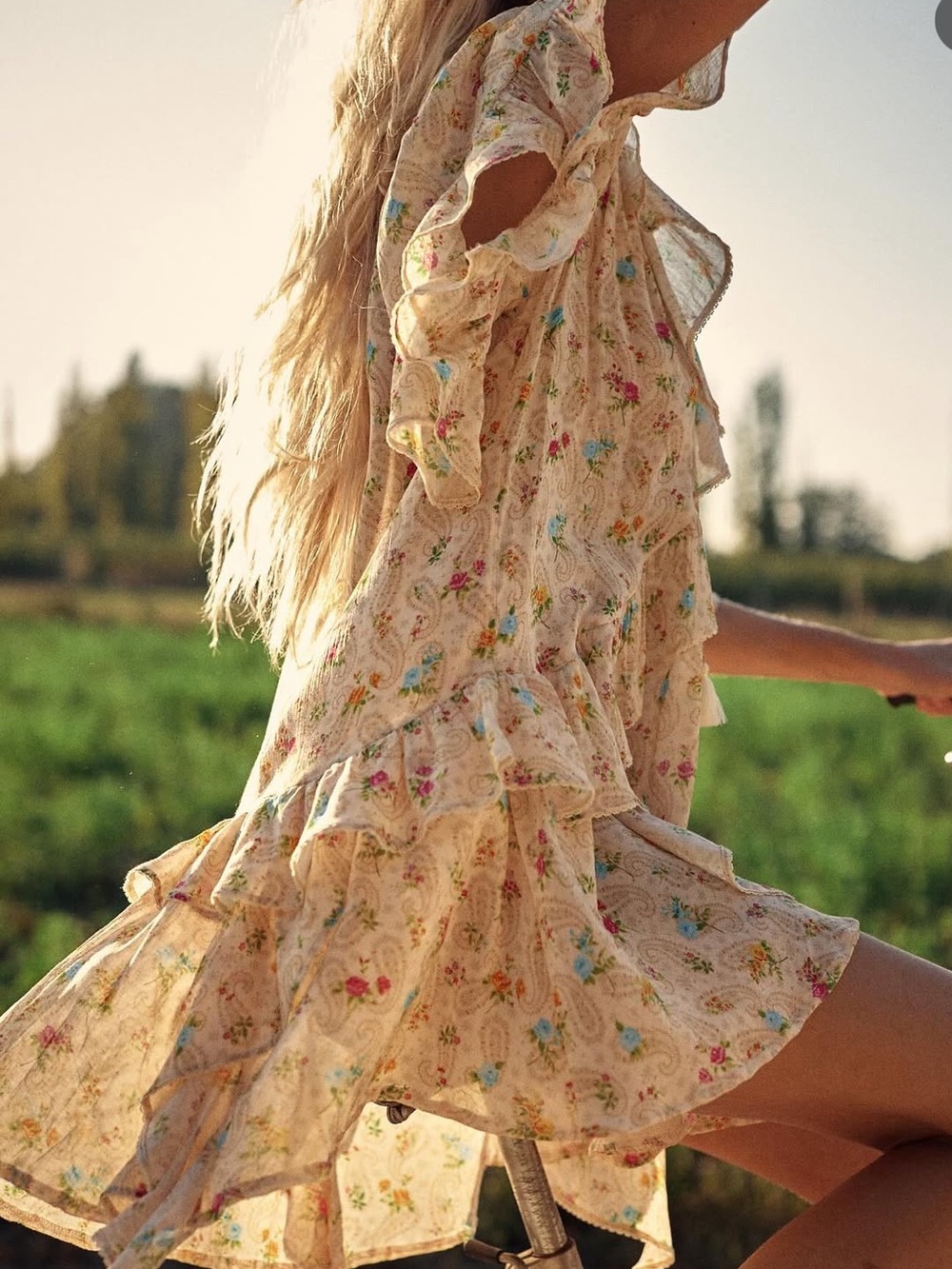 Spell Floral Ruffle Tiered Mini Dress - Cream with Pink & Blue Accents